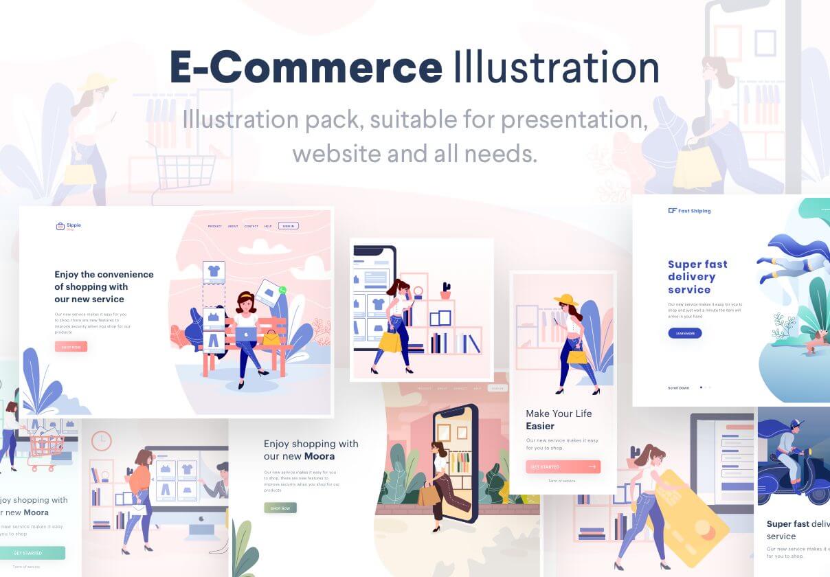 噪点插画引导页插画设计 空状态插图Lunas E commerce Illustration Kit