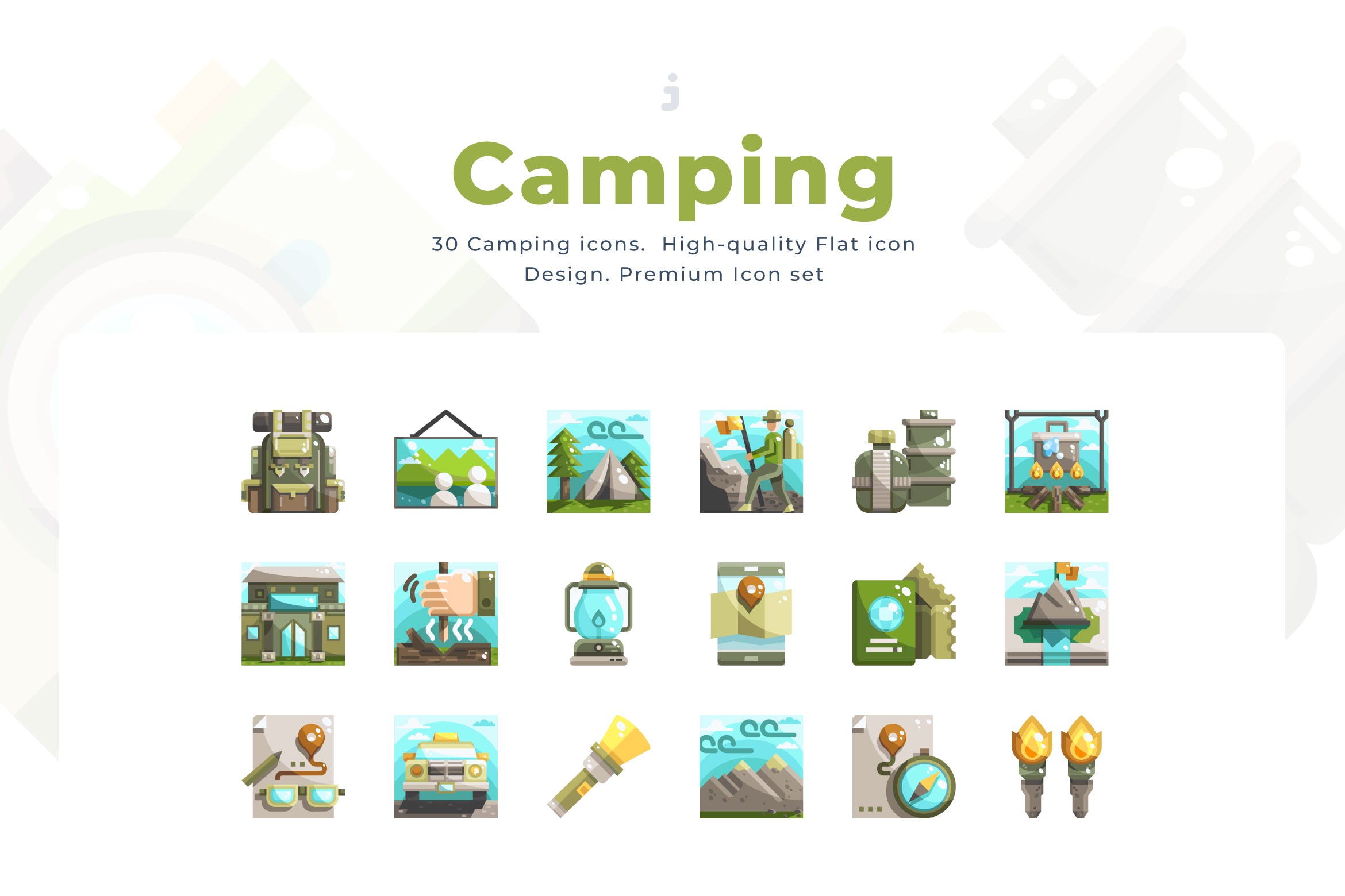 30个露营野旅行创意图标源文件下载30 Camping Icon Set Flat