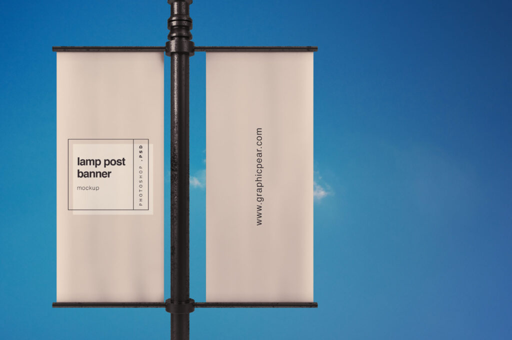 简洁的的双灯柱横幅样机模板素材源文件下载Lamp Post Banner Mockup