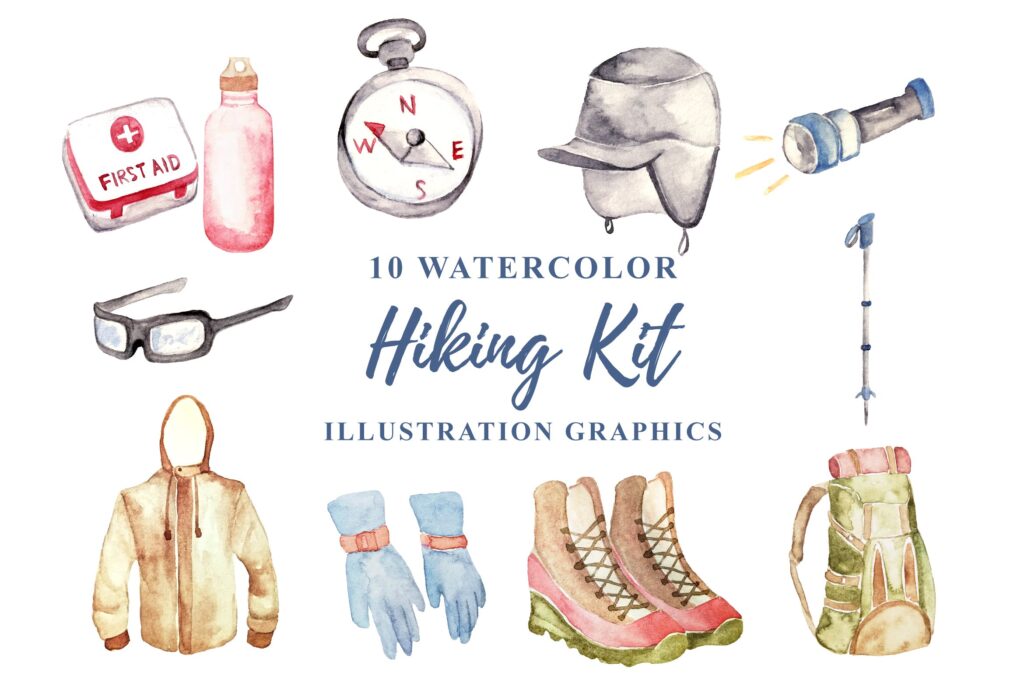 10 个水彩登山主题插画水彩剪贴画及装饰元素10 Watercolor Hiking Kit Illustration Graphics