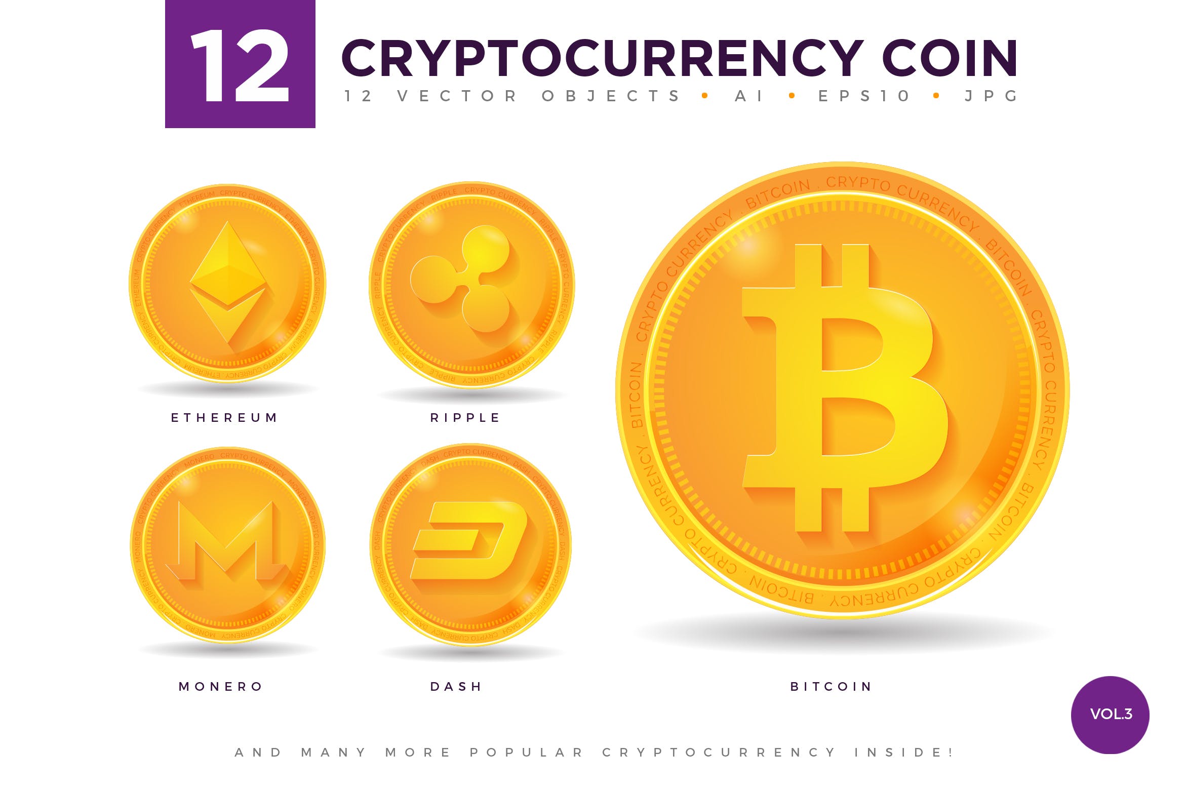 扁平货币金币图标样机素材12 Crypto Currency Coin Vector Illustration Set 3