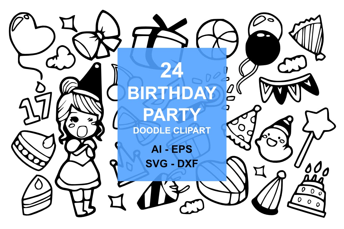 24个生日聚会类型手绘图标风格24 Birthday Party Doodles