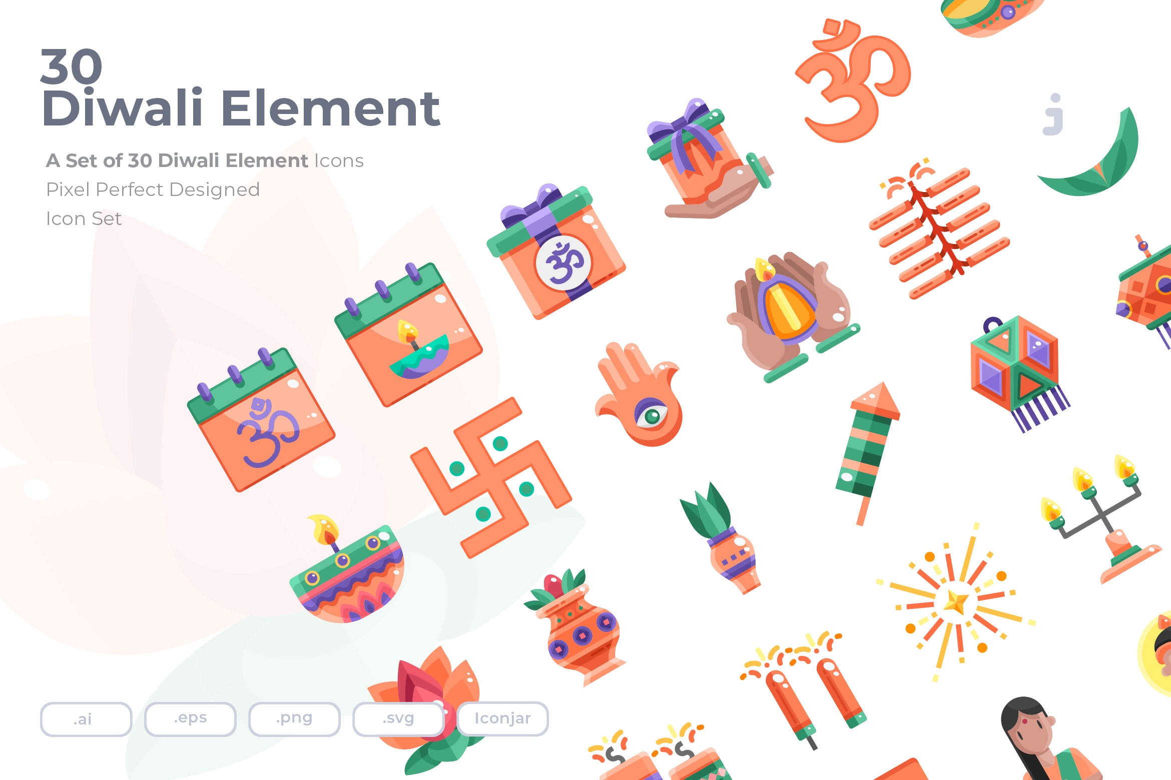 30个排灯节元素图标源文件下载30 Diwali Element Icons Flat