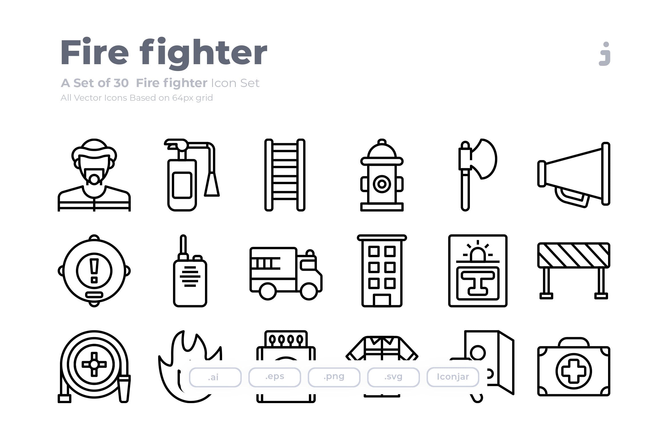 30消防队员元素线性图标源文件下载30 Fire fighter Icons Outliner插图