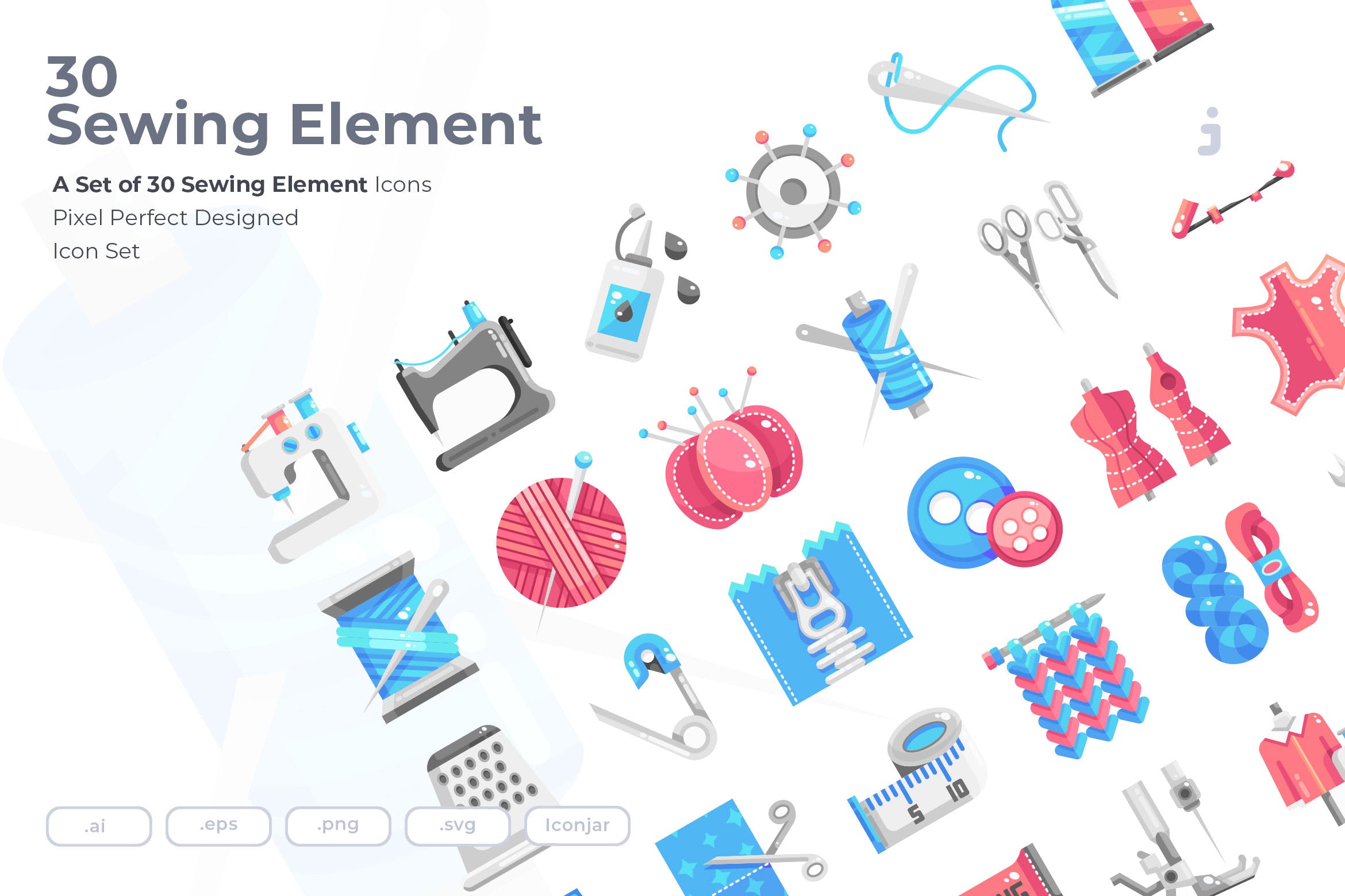 30个缝纫手工元素创意扁平图标30 Sewing Element Icons Flat插图