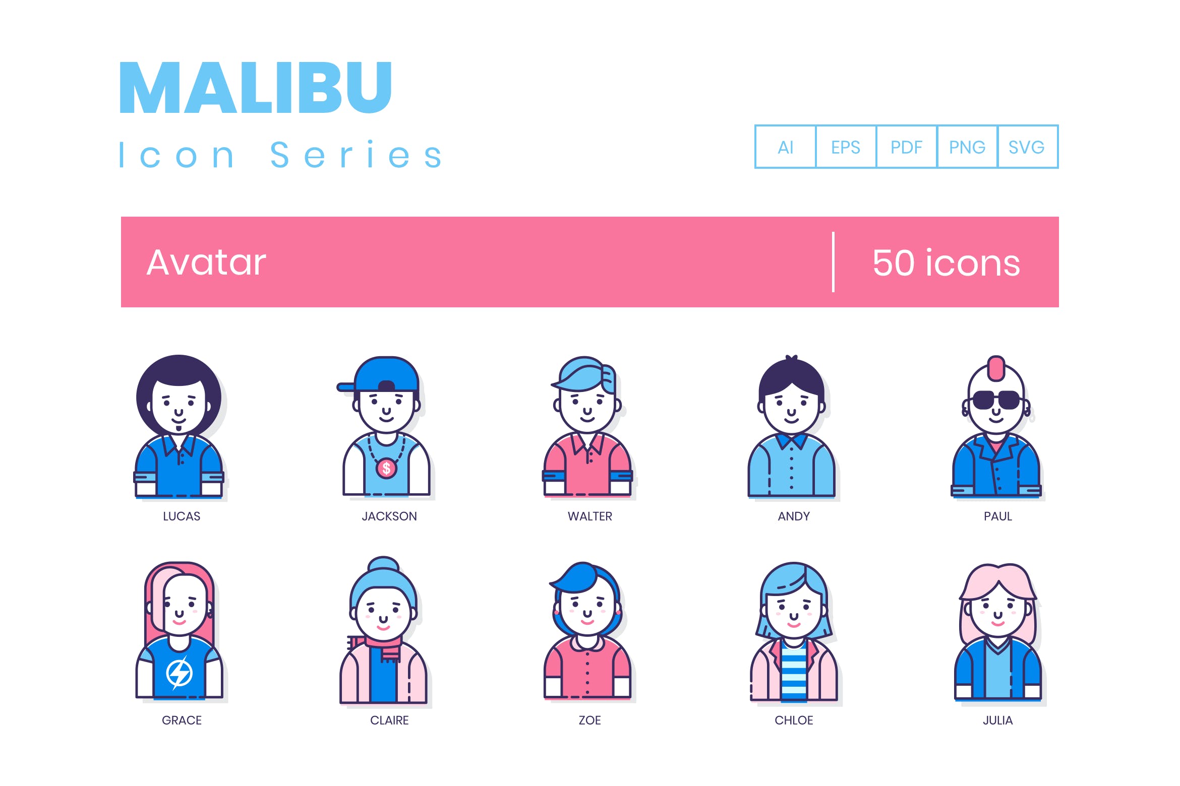 50个MEB风格人物头像图标原文件下载50 Avatar Icons Mailbu Series