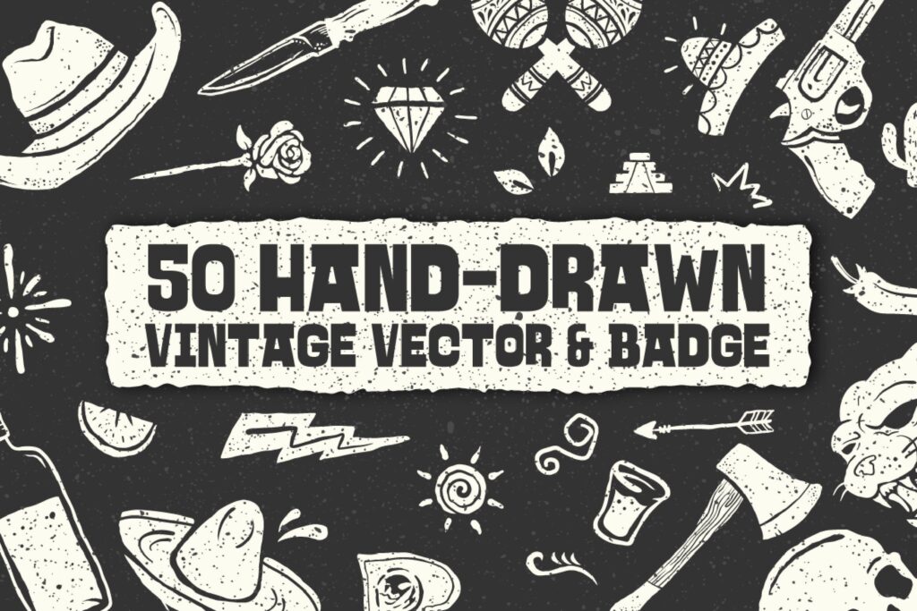 50个复古矢量徽章与手绘涂鸦风格装饰图案50 Hand drawn Vintage Vector Badge