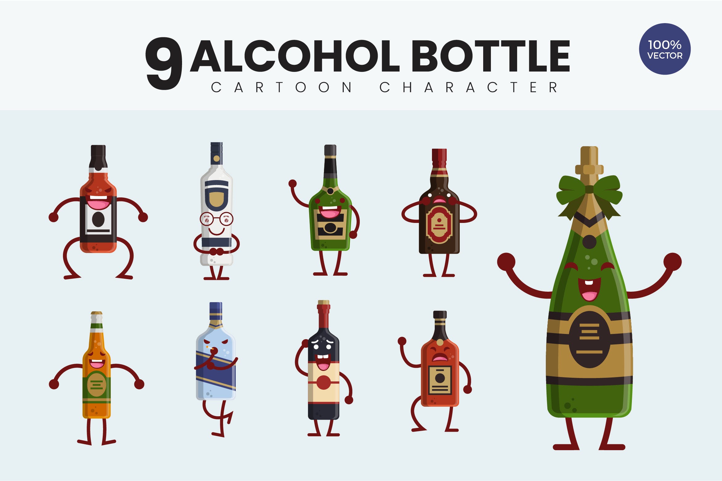 9个啤酒脑洞创意拟人化设计扁平风图标源文件下载9 Cute Alcohol Bottle Vector Illustration插图