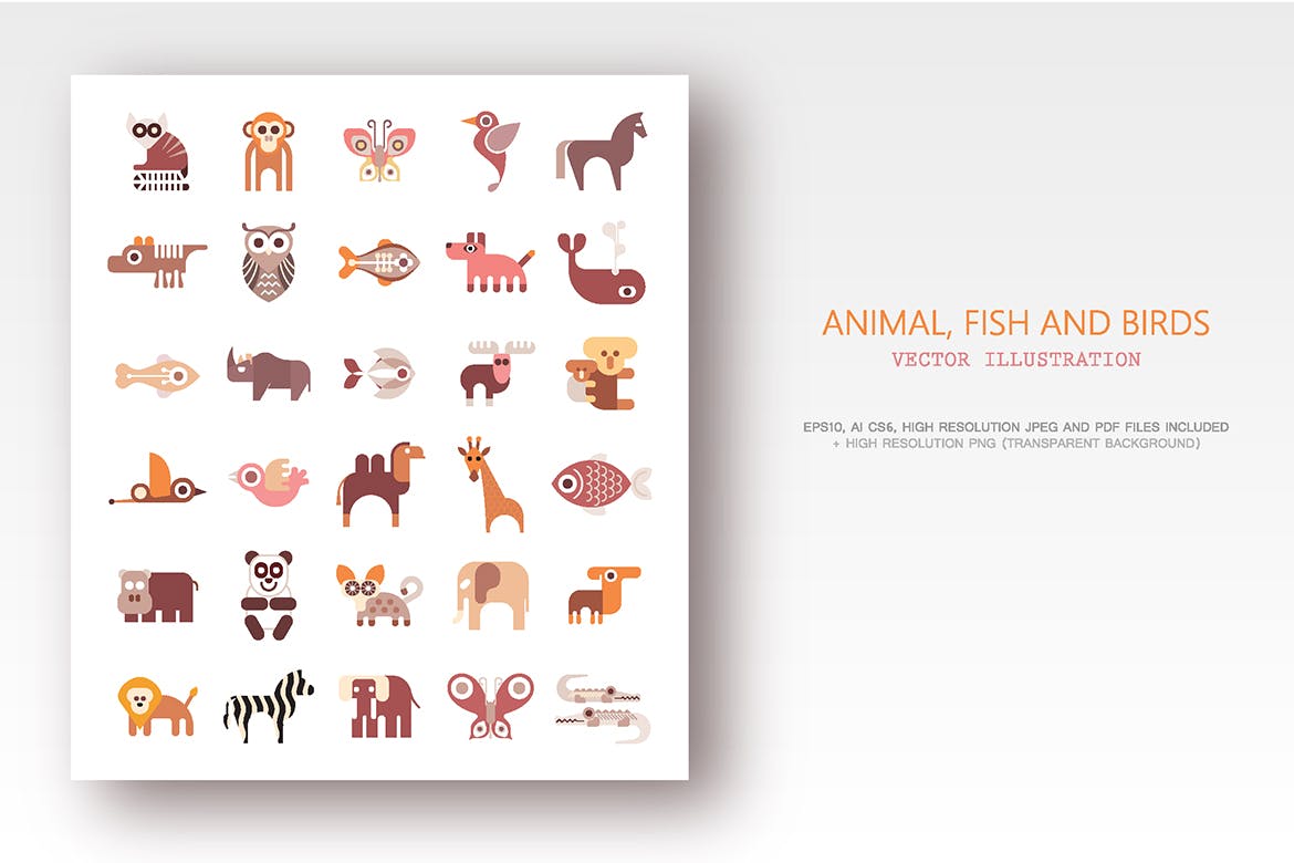 动物系列扁平化图标源文件下载Animals Fish and Birds set of flat vector icons插图