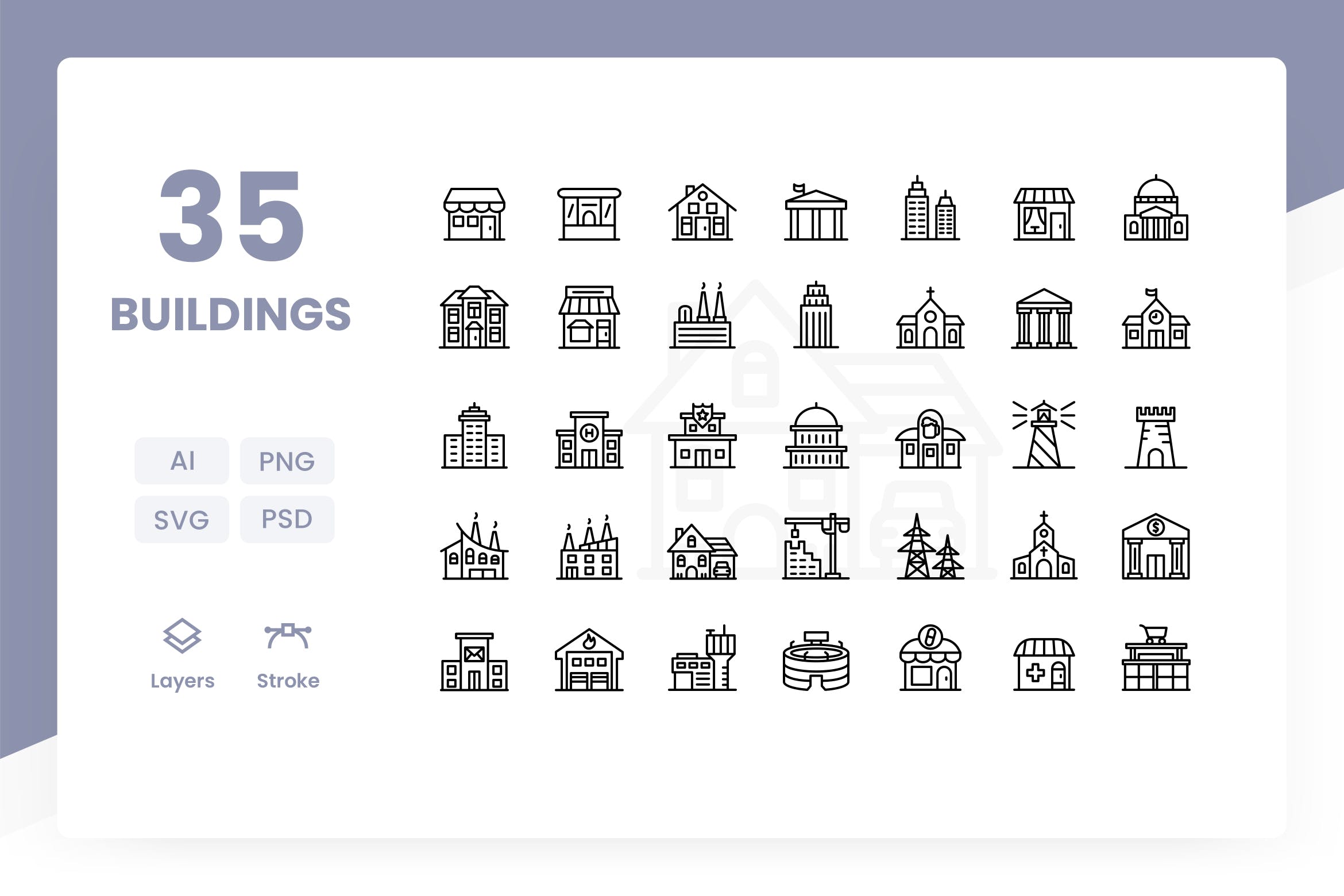 35个线性建筑图标源文件下载Buildings – Icons Pack