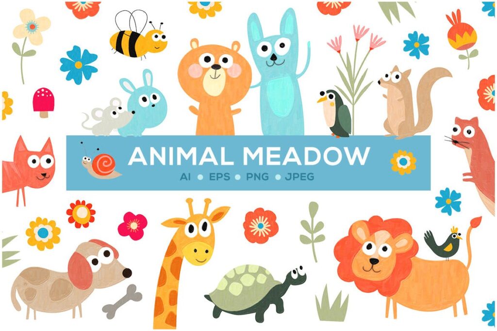 有趣创意动物和花卉插图Cute Animal Meadow