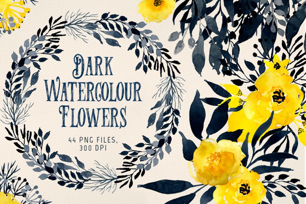 深色水彩花装饰组合花环水墨风红酒包装装饰元素Dark Watercolor Flowers