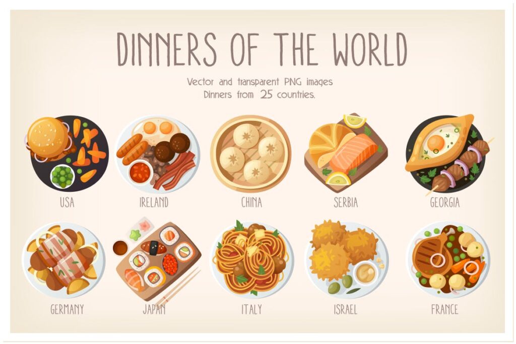 西餐料理美食餐饮品牌扁平风图标Dinners of the world