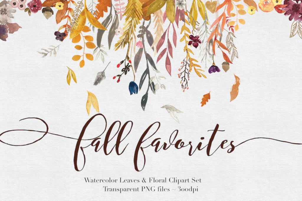 52个独特手绘花卉叶子装饰图案纹理素材Fall Watercolor Clipart