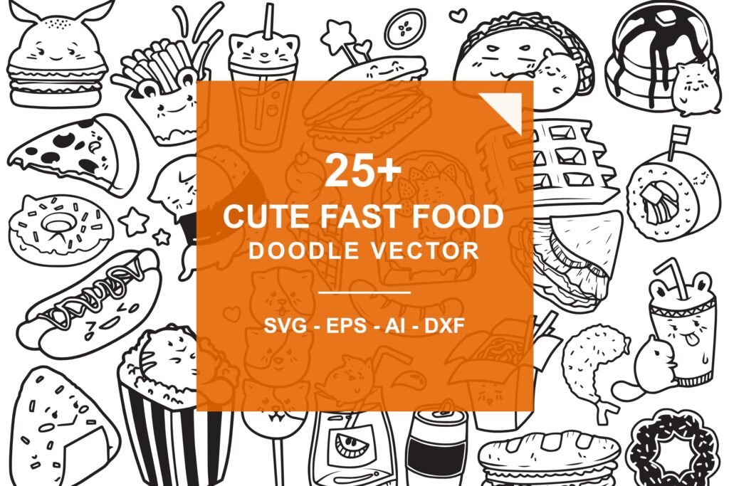 25个快餐元素涂鸦矢量插图装饰图案Fast Food Doodle Vector