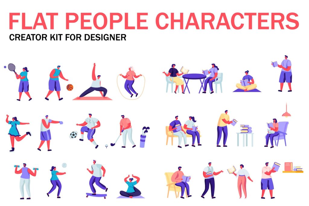 时尚运动扁平化人物商业角色插画素材Flat People Character Creator Kit Bdwlamx