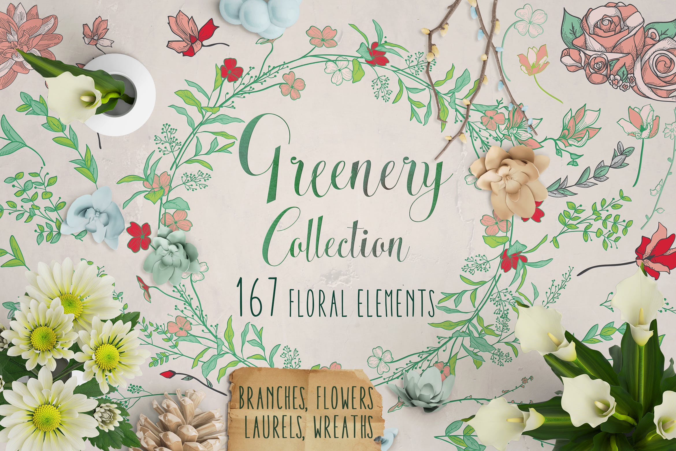 手绘乡村花卉涂鸦设计元素Greenery Collection167 Elements