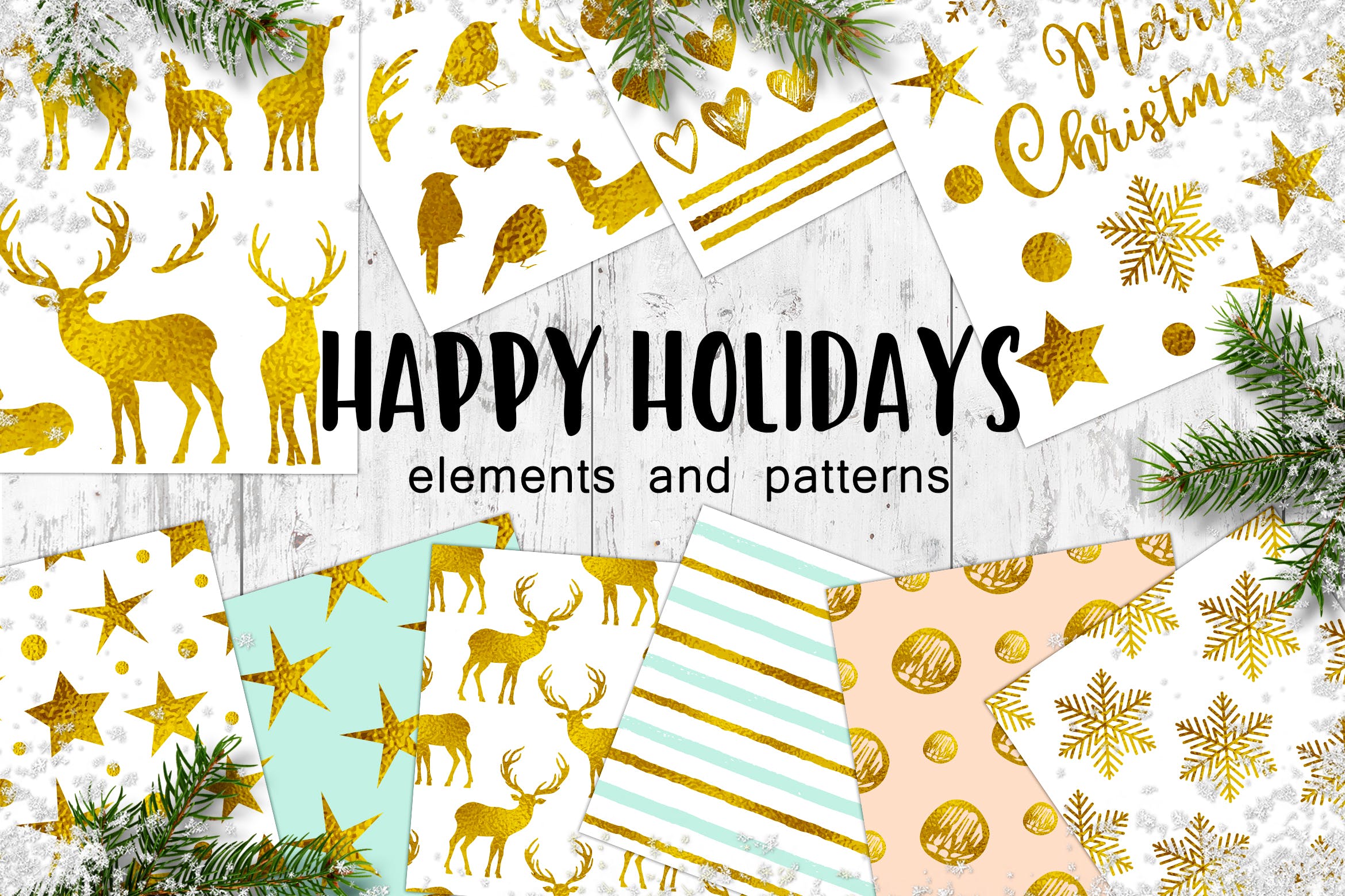 金设计元素和无缝图案花纹素材模板下载Happy Holidays Golden Christmas Design Kit插图