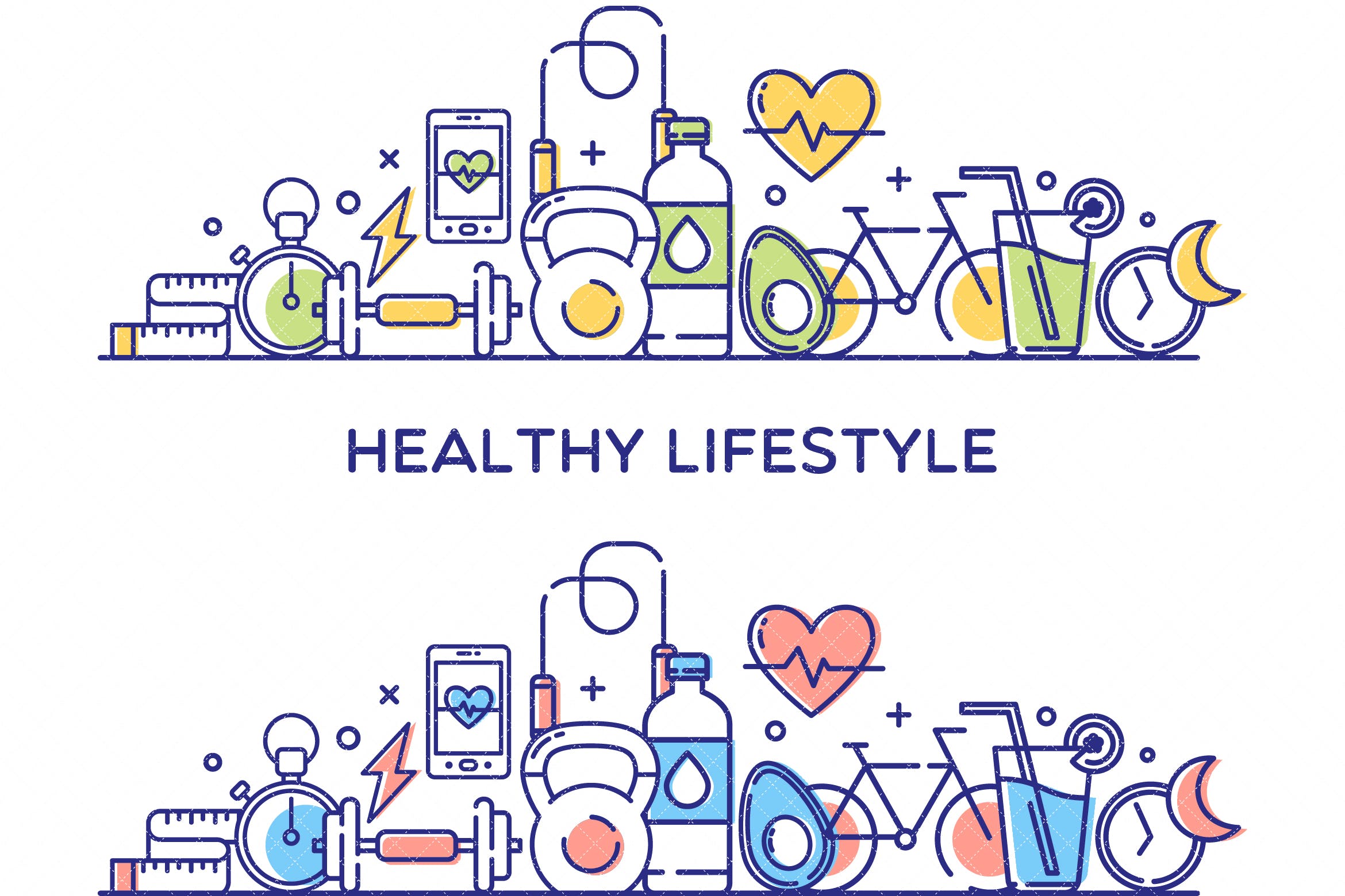 健康生活矢量图系列描边风图标源文件下载Healthy Lifestyle Vector Illustration