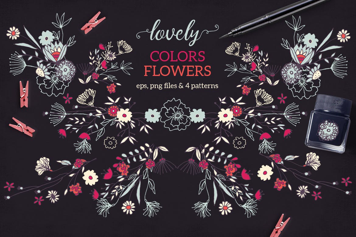 抱枕装饰图案绿植花纹轮廓素材下载Lovely Colors Flowers