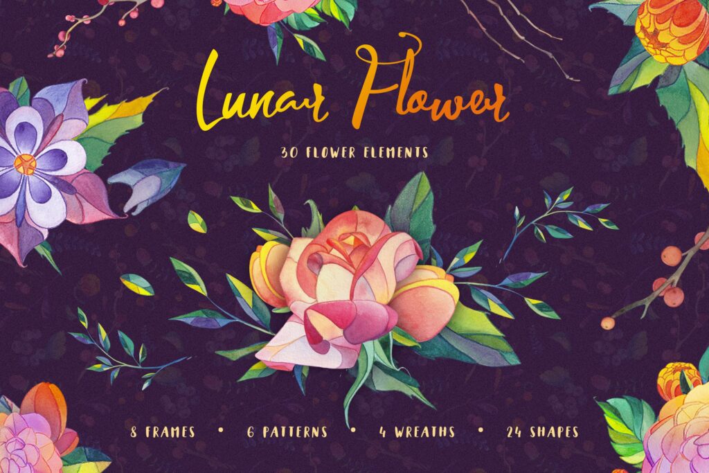 30个风俗化矢量插图的花叶海报传单传单装饰图案Lunar Flower Watercolor Graphic Kit插图