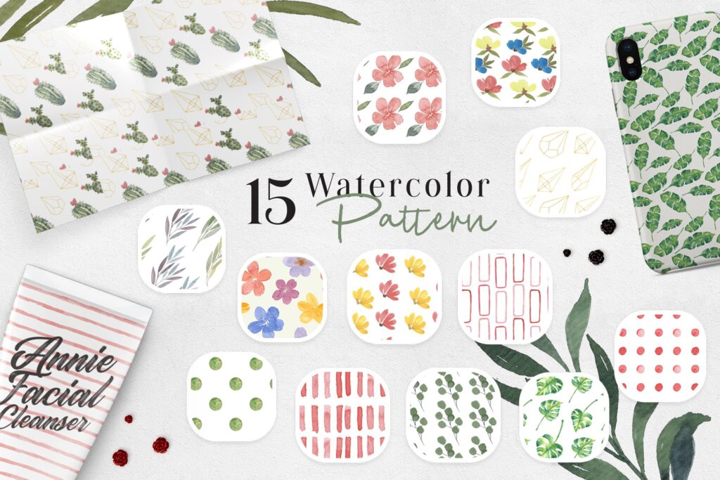 10个水彩单叶插画水彩剪纸装饰元素Ofi 15 Watercolor Pattern