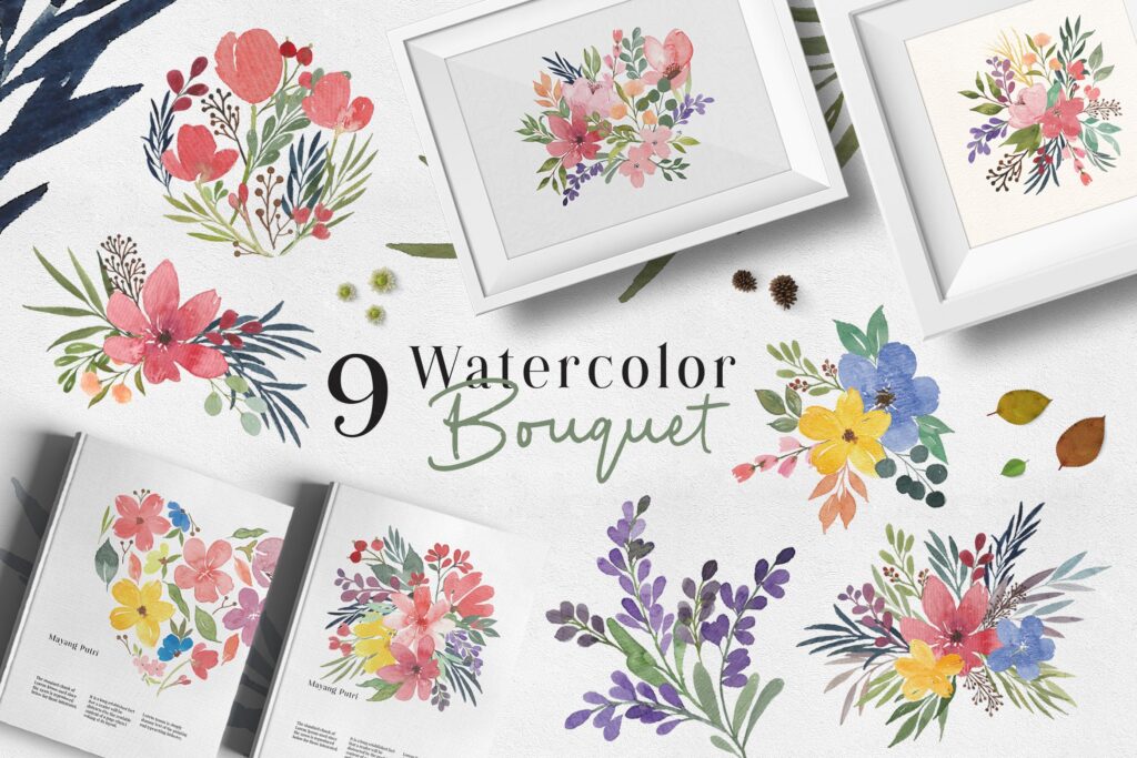 书籍包装手绘水彩装饰图案相框装饰图Ofi 9 Watercolor Bouquet Graphic
