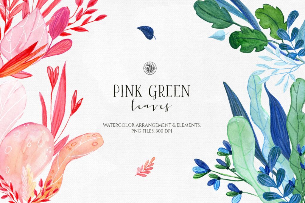 粉红色叶子水彩花卉装饰图案花纹Pink Green Leaves