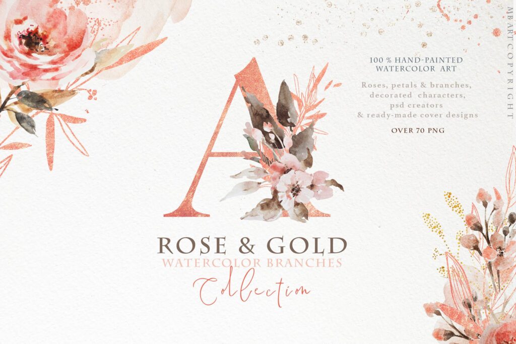 玫瑰和金色的水彩花卉素材合集Rose gold wedding collection插图