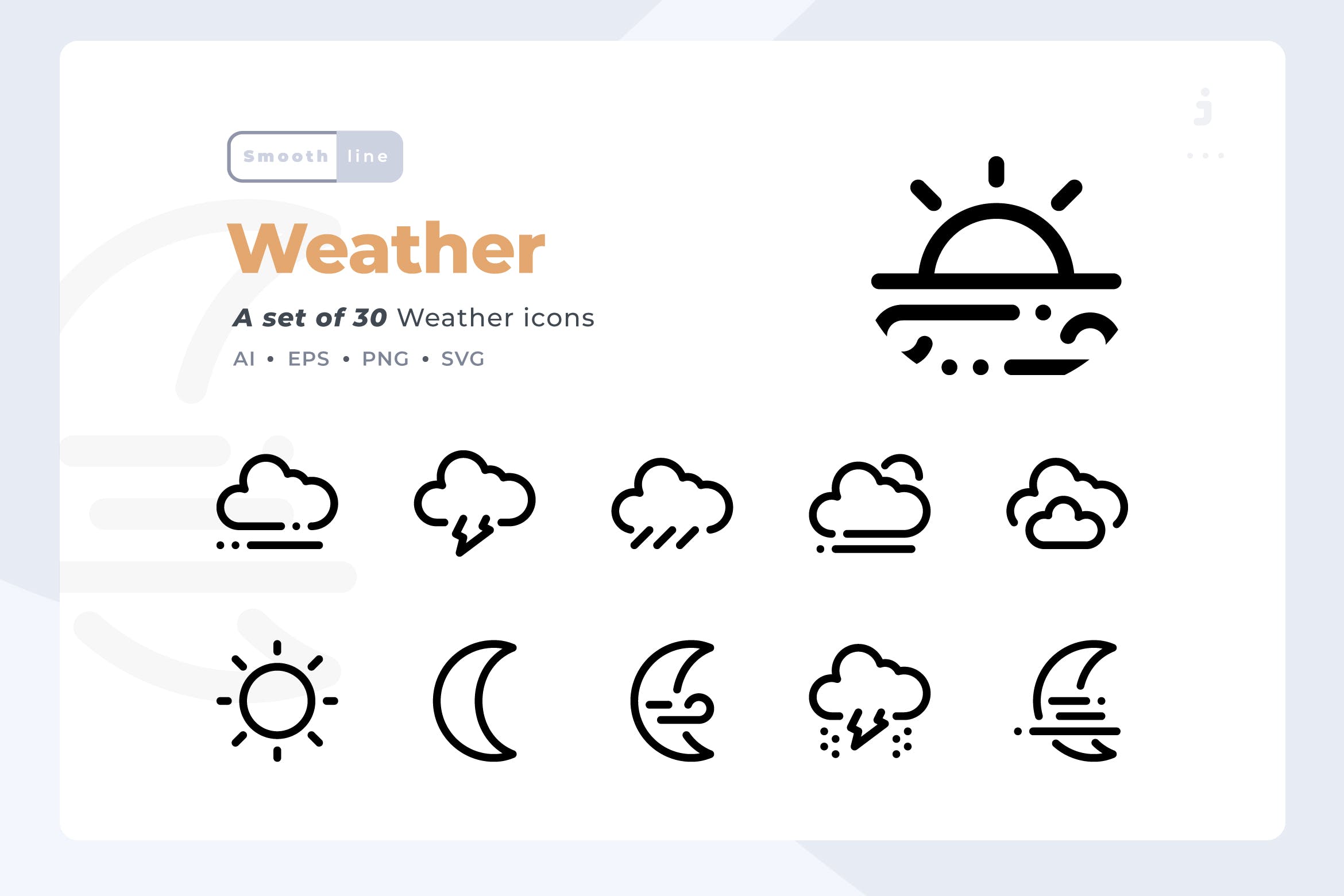  30个天气图标线性风格原文件下载Smoothline 30 Weather icon set
