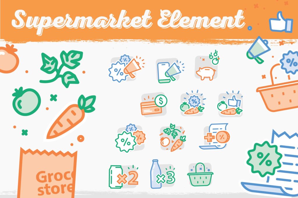 扁平矢量超市图标插图装饰图案Supermarket Vector illustration