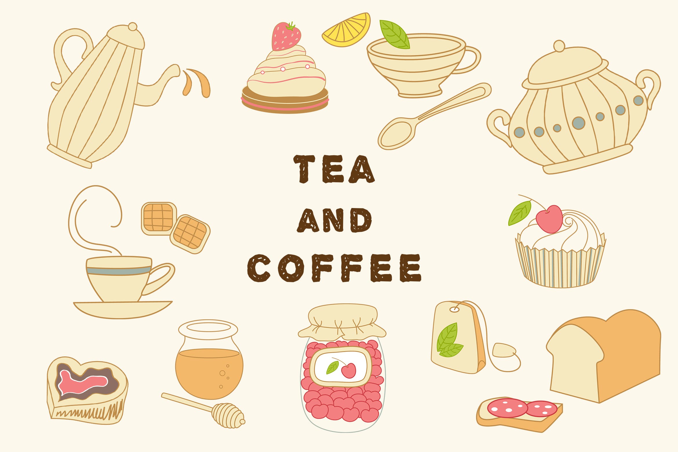 矢量装饰涂鸦茶和咖啡图案素材Tea and Coffee