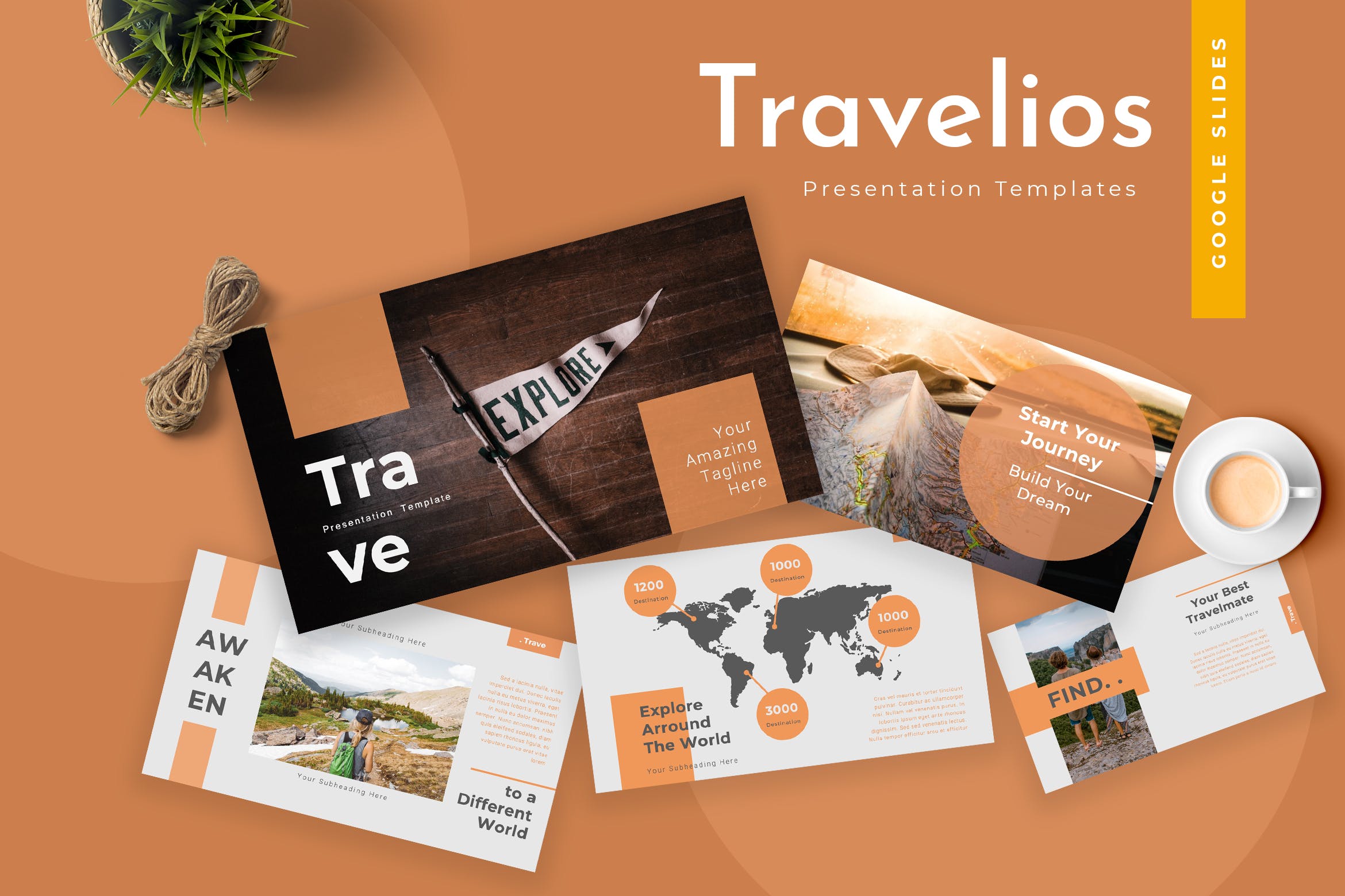 登山爱好者旅游出行类PPT幻灯片模板下载Travelios Google Slides Presentation