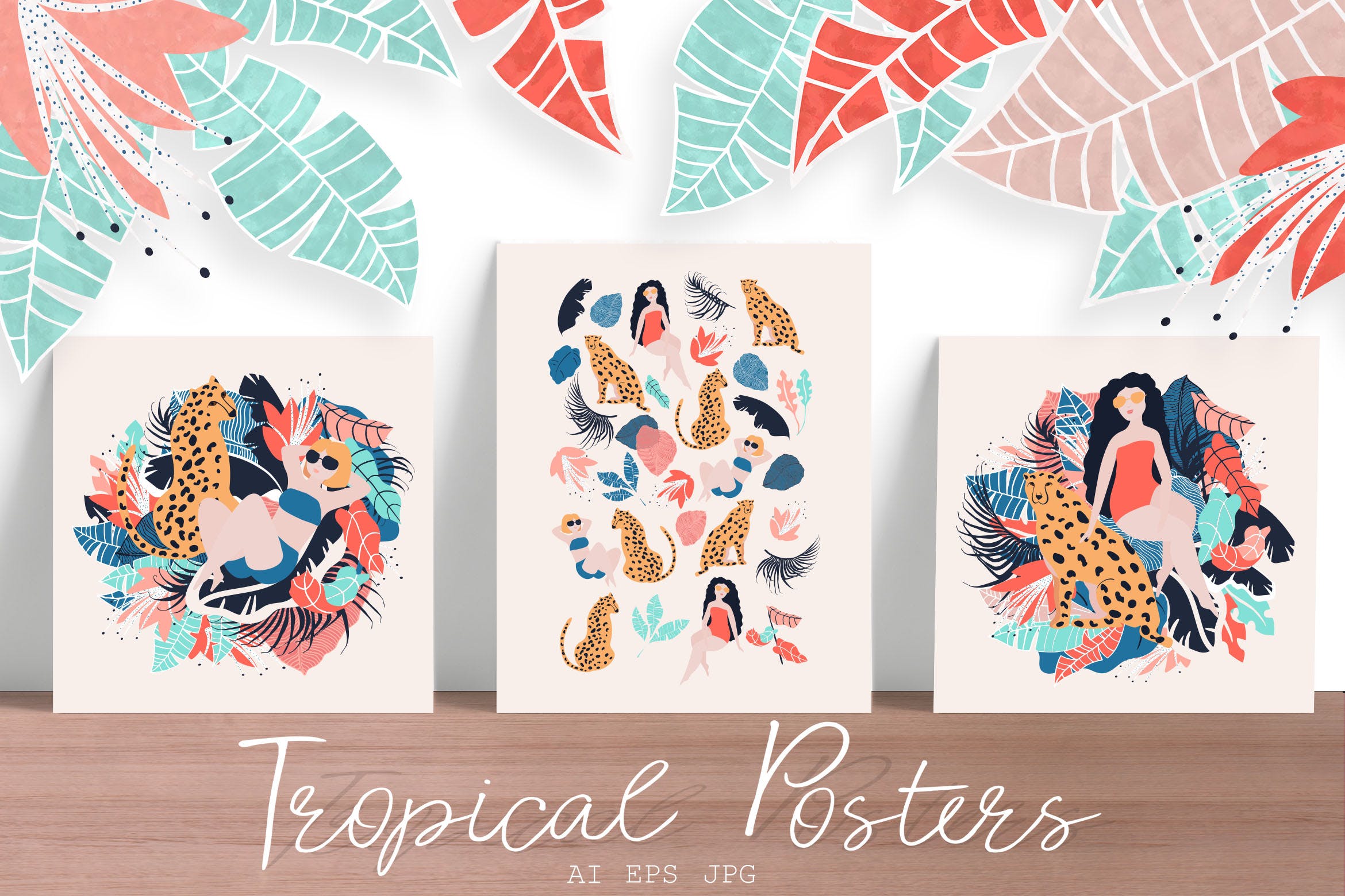 热带女孩创意图案纹理素材下载Tropical Girls vector posters插图