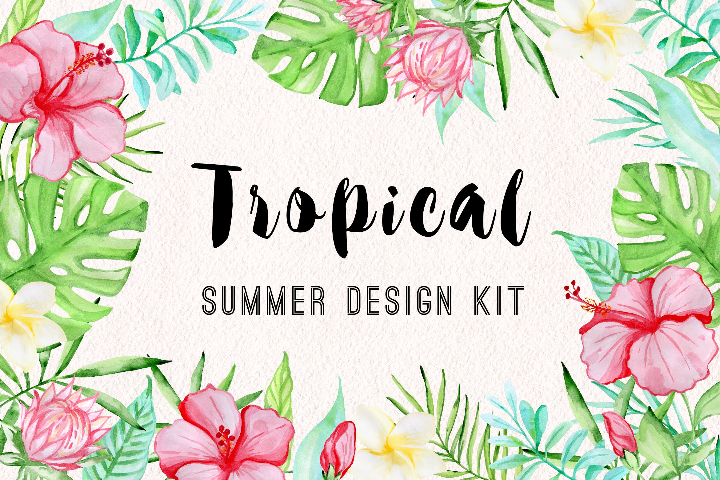 36套手绘热带水彩花卉元素装饰图案Tropical Summer Design Kit