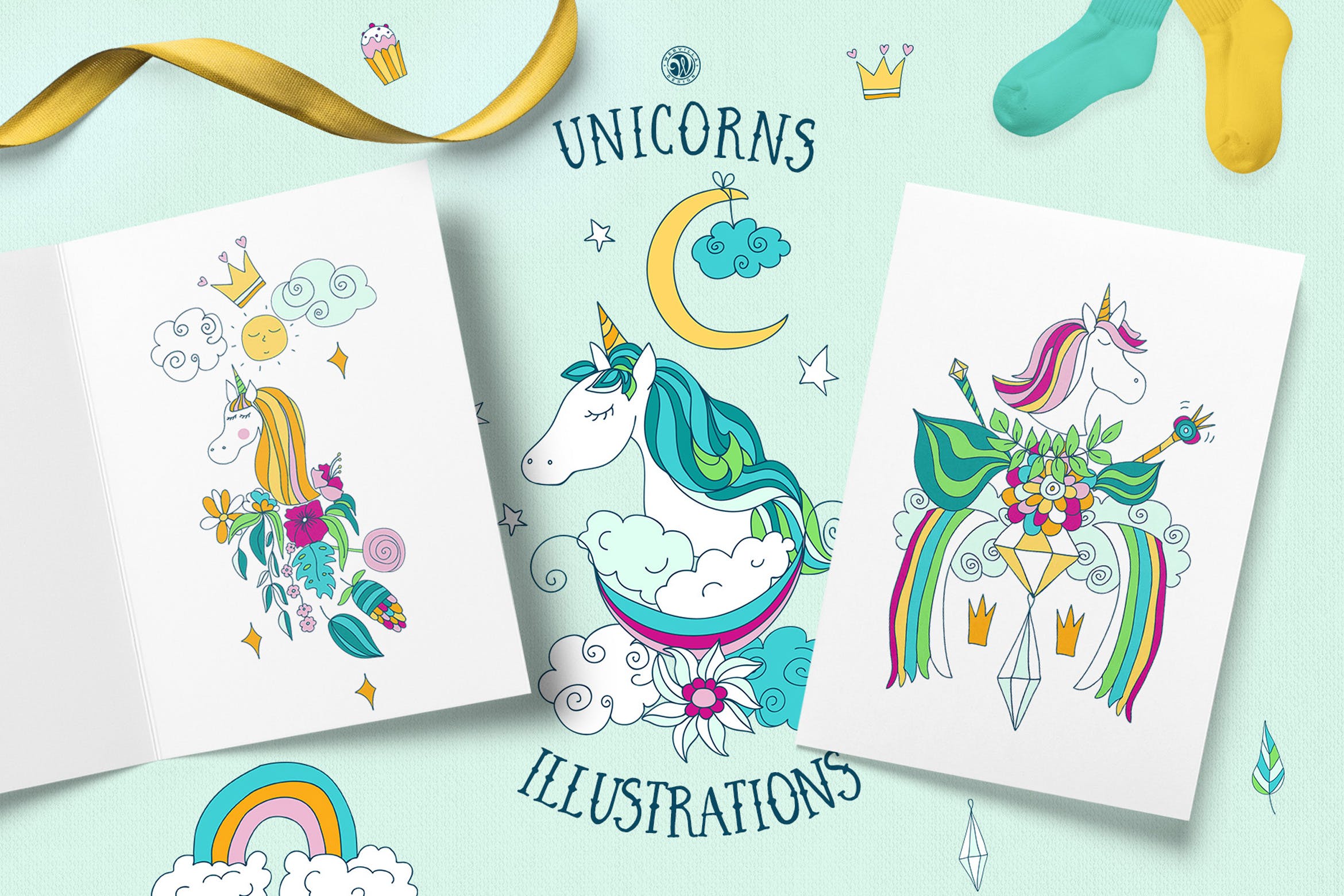 独角兽矢量插图儿童元素插画主题素材模板Unicorns Illustrations