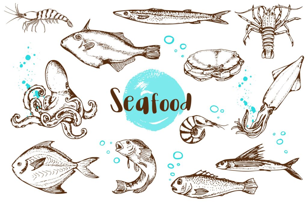 手绘矢量海鲜复古风格美食海鲜品牌装饰图案Vintage Vector Seafood