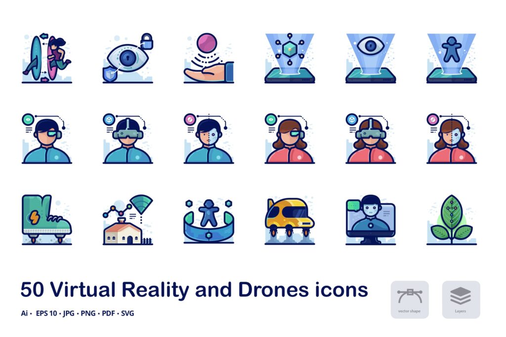虚拟与现实主题系列扁平化图标素材Virtual reality detailed filled outline icons