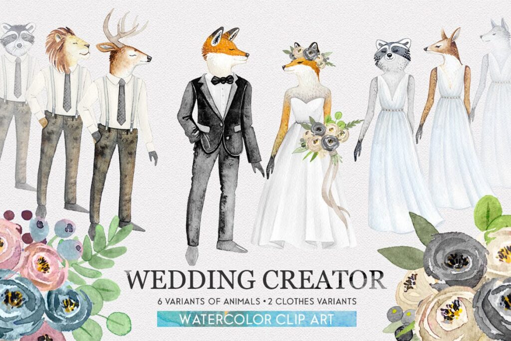 婚礼爱情主题元素装饰图案下载WEDDING CHARACTER CREATOR watercolor set插图