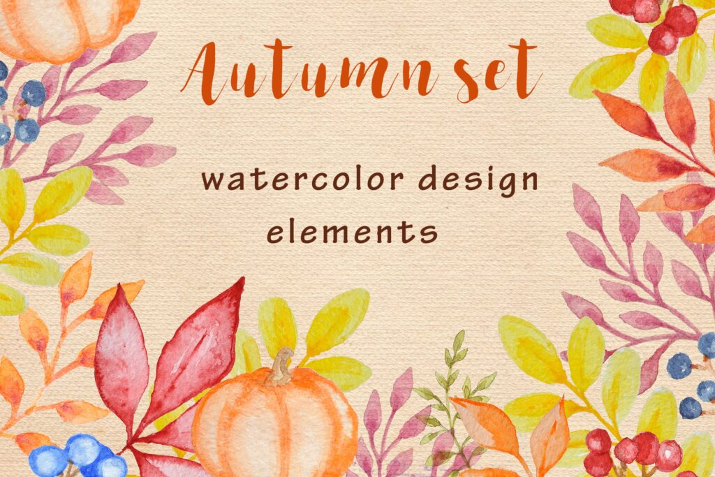 手绘的水彩花卉图形元素装饰图案下载Watercolor Autumn Design Kit