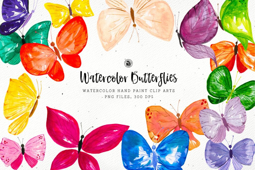 水彩画蝴蝶手绘花卉水彩画剪辑艺术品牌包装装饰图案Watercolor Butterflies