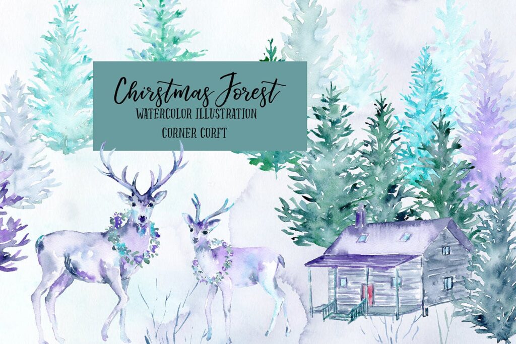 水彩画圣诞森林主题创意图案装饰元素Watercolor Christmas Forest