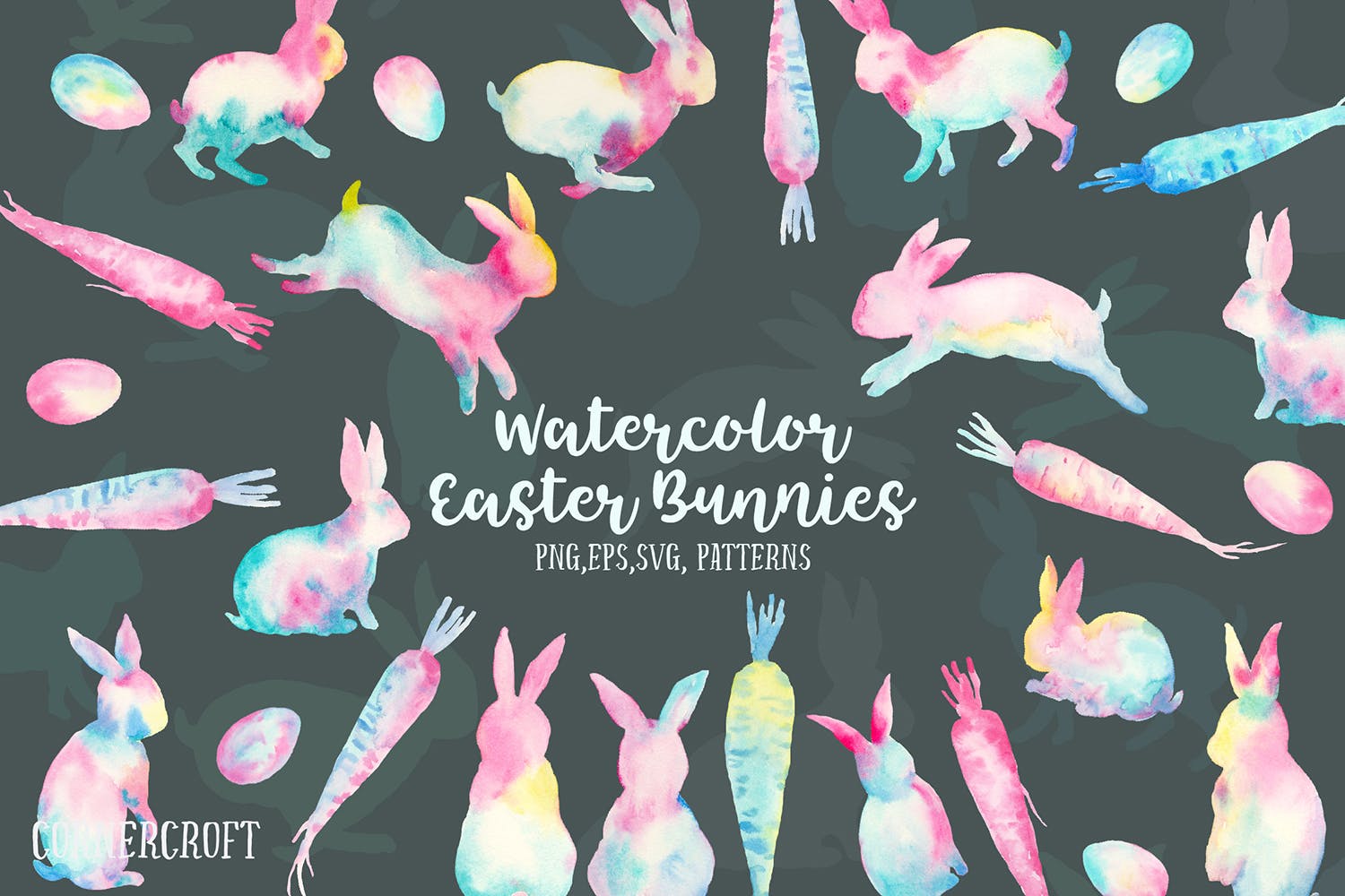 手绘水彩画复活节元素兔子水彩装饰图案Watercolor Easter Bunnies Design Kit插图