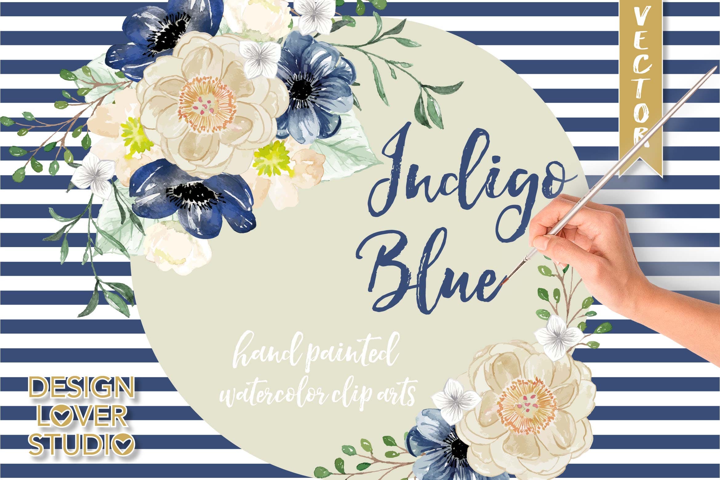 深蓝色系花卉图案重复排列组合素材Watercolor Indigo Blue floral clip arts