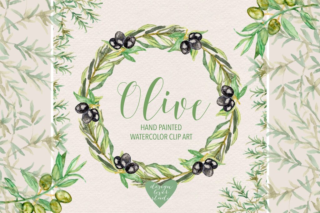 水彩橄榄剪贴画装饰图案纹理Watercolor Olive clipart