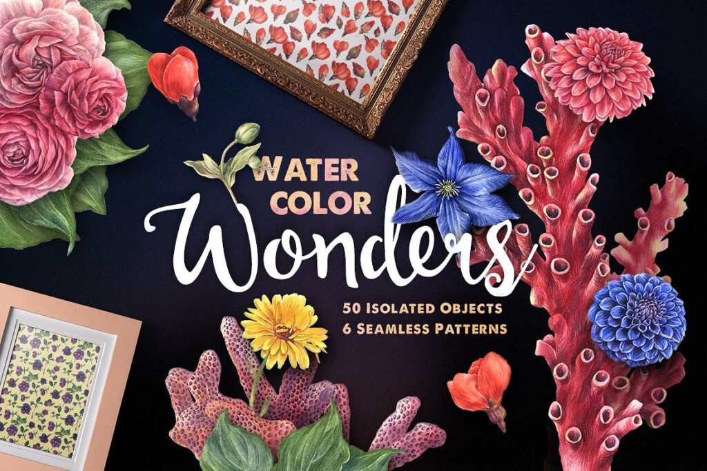 50套华丽珊瑚水彩插图装饰图案Watercolor Wonders Graphic Kit