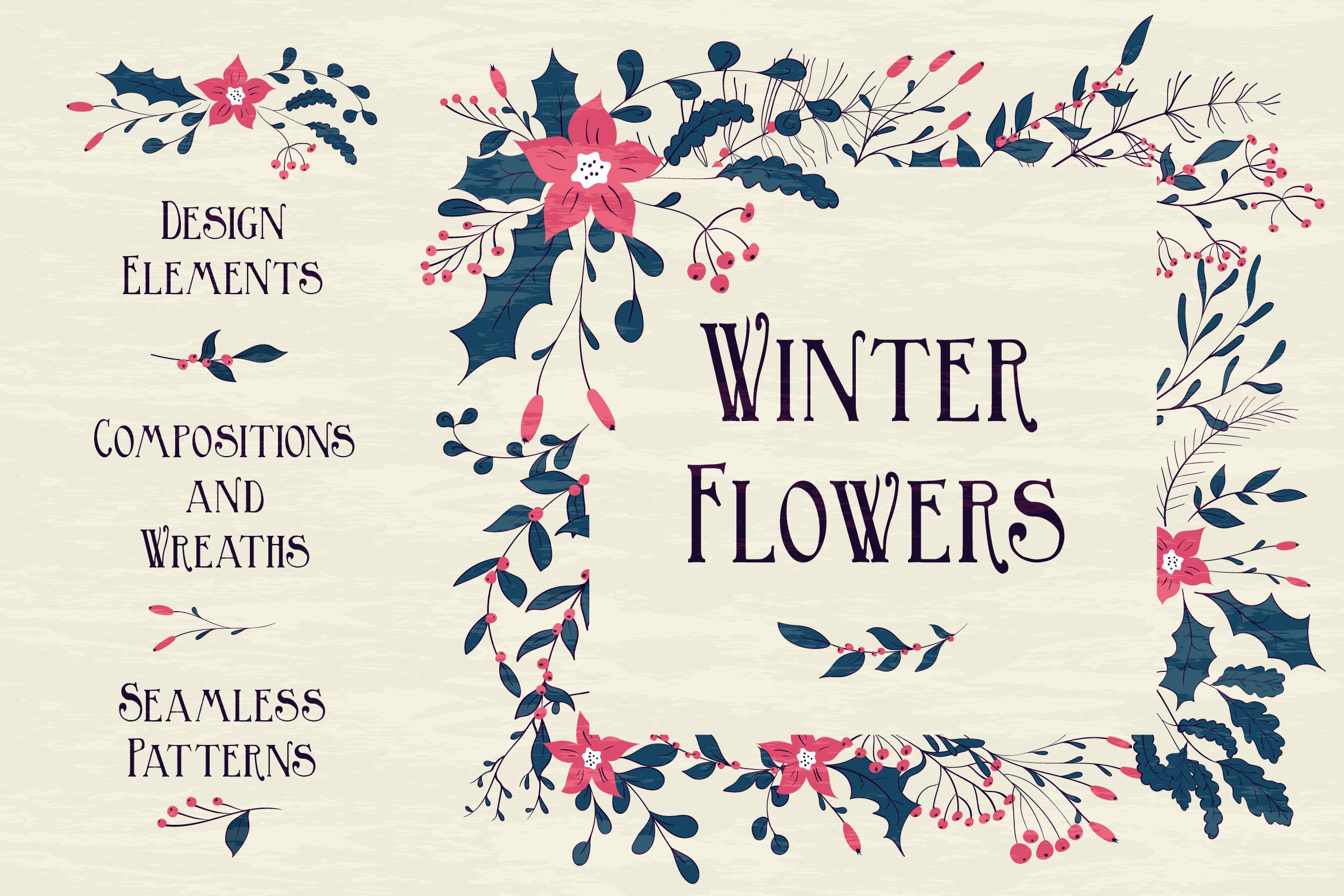 手绘矢量收集冬季花卉和无缝图案Winter Flowers UKJZBQ