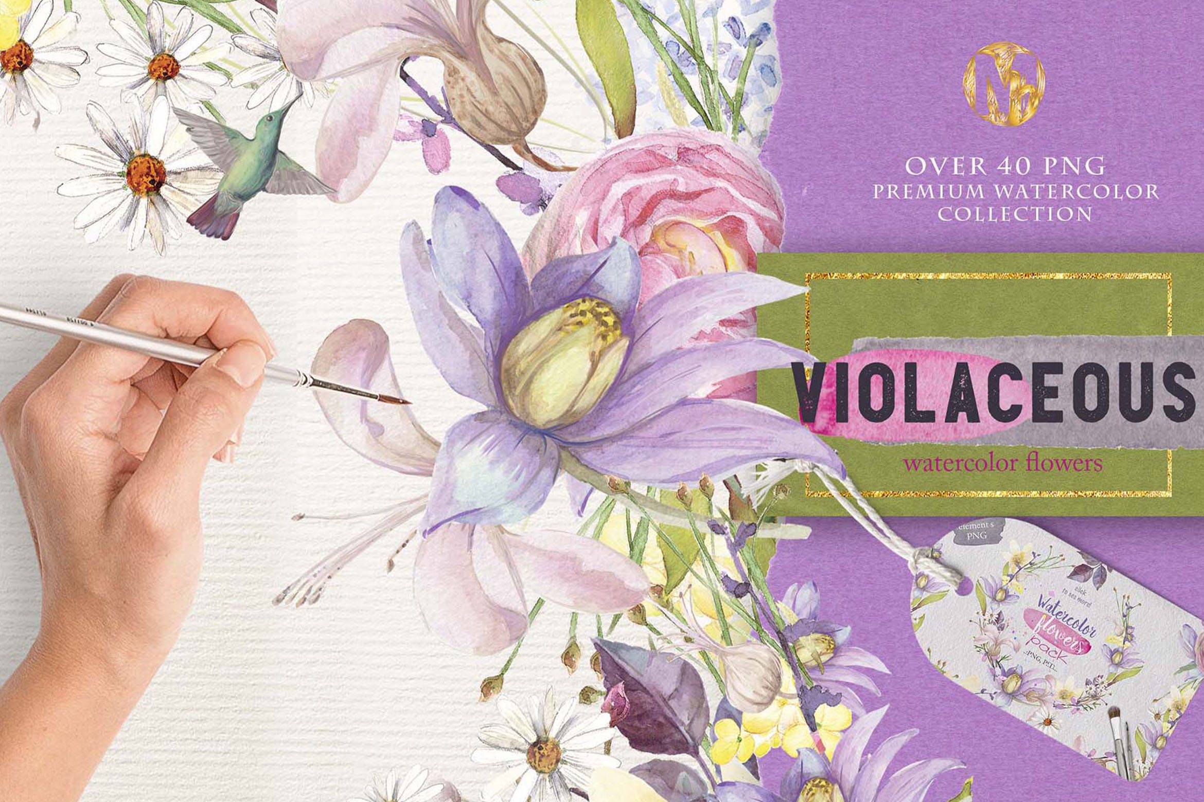 紫色鲜花水彩手绘图案纹理素材下载A Fresh spring florals “Violaceous”