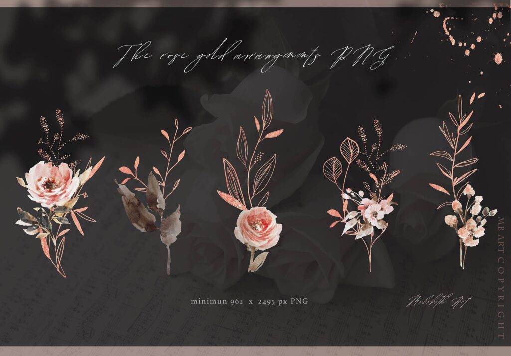 玫瑰和金色的水彩花卉素材合集Rose gold wedding collection插图9