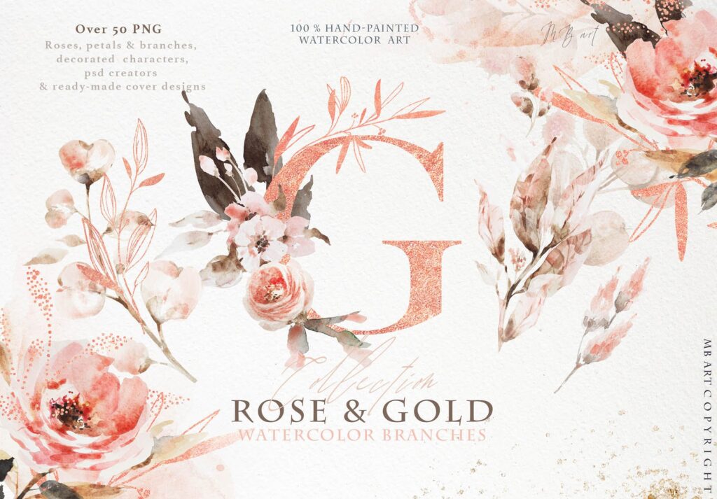 玫瑰和金色的水彩花卉素材合集Rose gold wedding collection插图11